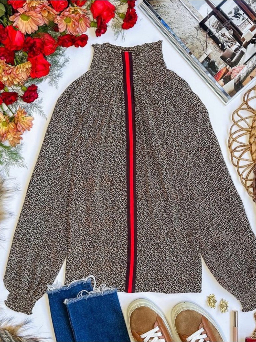 Rungolee Brown Floral Long Sleeve Blouse with Red-Green Stripe